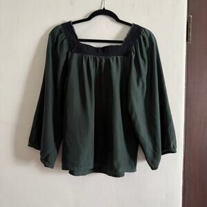 CLOSED | Vintage Hunter Green Silk and Black Denim Peasant Top | Small